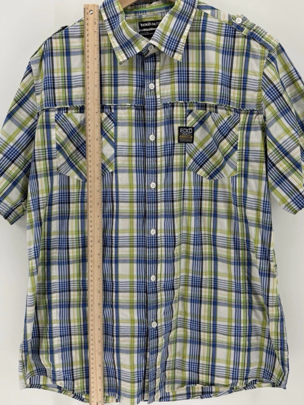 Ecko Unlimited Men’s Short Sleeve Plaid Button-Down Shirt - Blue & Green